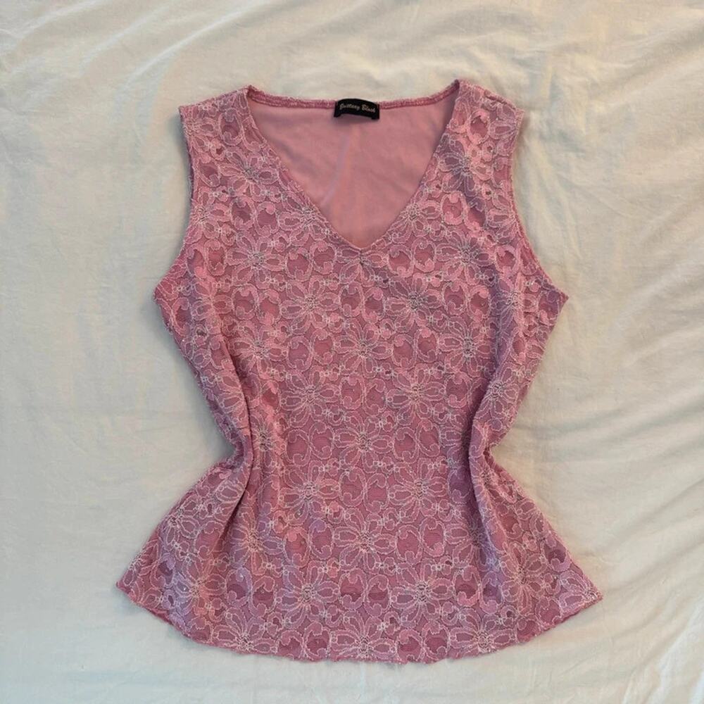 Y2K Pink Lace Tank with Silver Glitteredā Polkadots